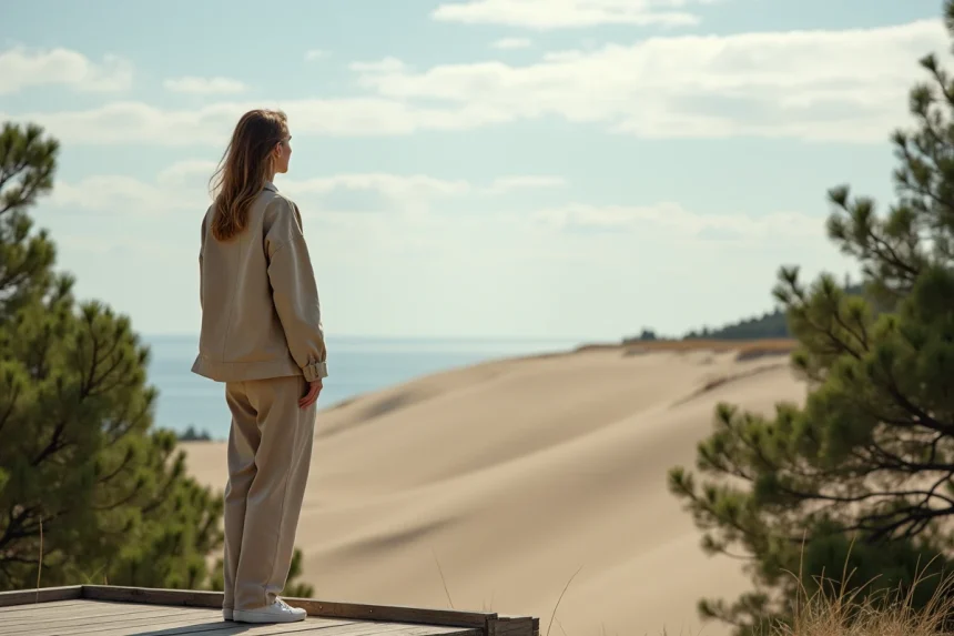 Femme admirant la Dune du Pilat depuis une plateforme en bois en retrait de la foule, vue panoramique sur la dune et la forêt de pins