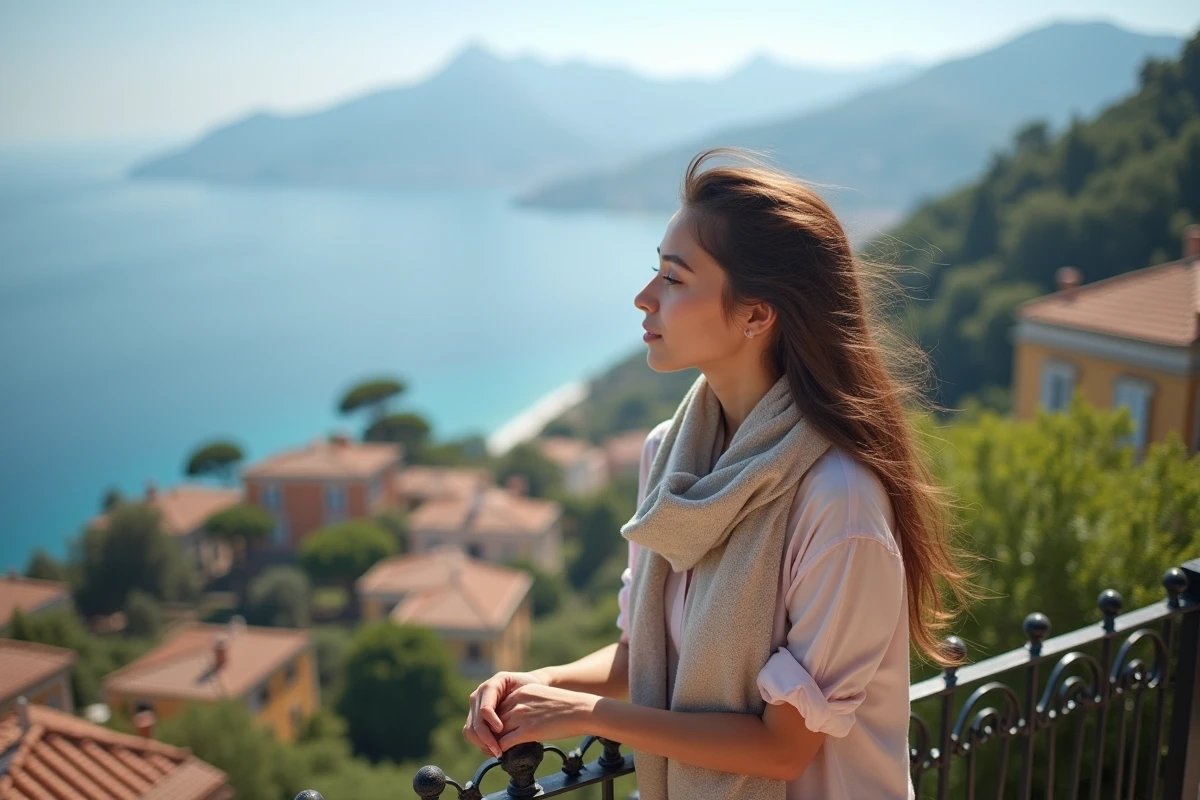 Jeune femme regardant la mer depuis Eze