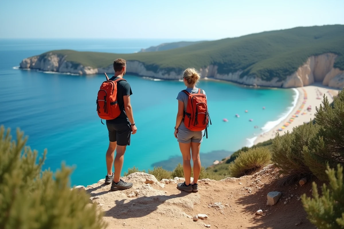 Vue panoramique depuis un sentier côtier en Corse en septembre sur une baie turquoise avec deux randonneurs contemplant la mer