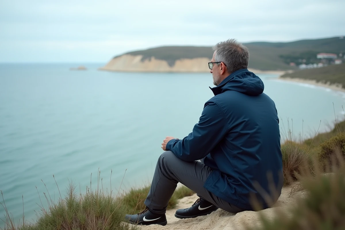 Homme seul sur un promontoire naturel contemplant la Dune du Pilat depuis la baie d'Arcachon, vue isolée loin de la foule touristique