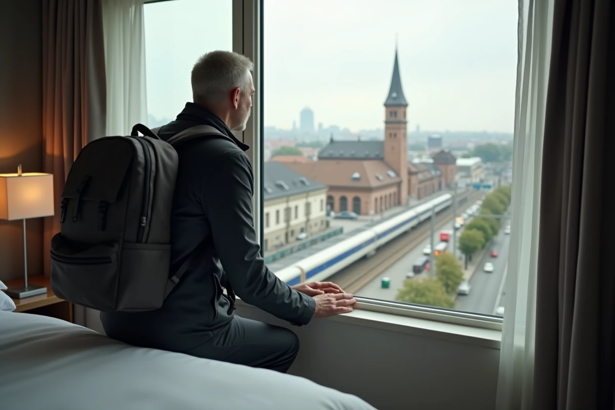 Homme regardant la gare de Strasbourg depuis sa chambre