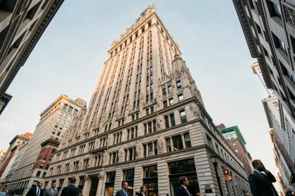 Vue en contre-plongée du Woolworth Building à Manhattan, détails néo-gothiques en terre cuite et gargouilles ornementales sur fond de ciel bleu pâle
