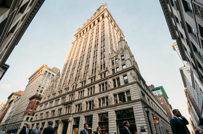 Vue en contre-plongée du Woolworth Building à Manhattan, détails néo-gothiques en terre cuite et gargouilles ornementales sur fond de ciel bleu pâle