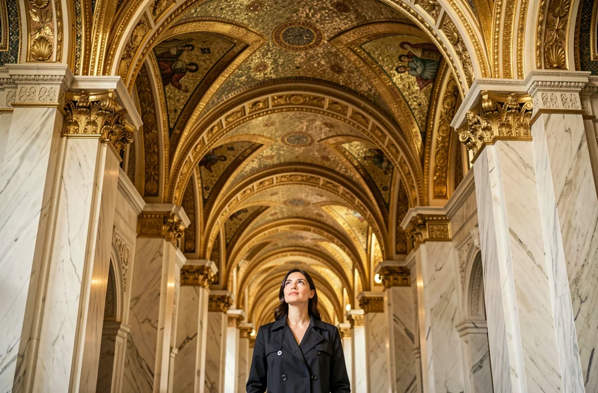 Intérieur du hall monumental du Woolworth Building avec ses mosaïques byzantines dorées et ses voûtes ornementées en marbre sculpté